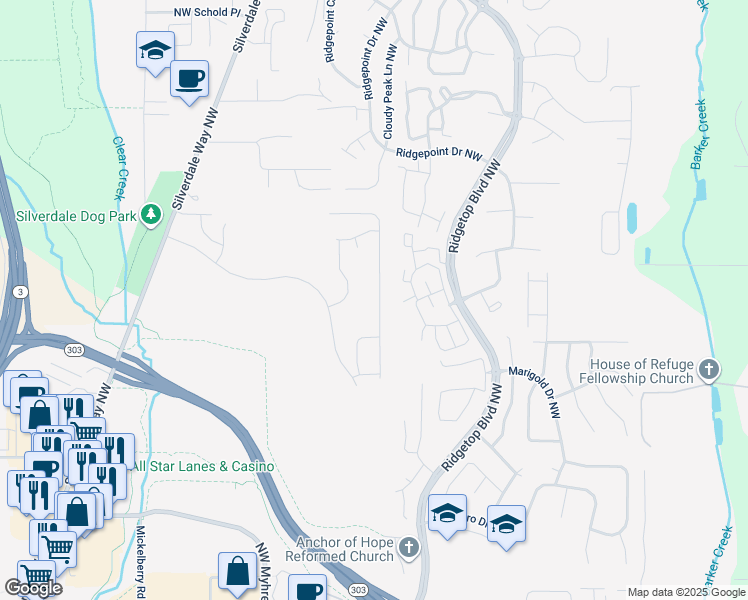 map of restaurants, bars, coffee shops, grocery stores, and more near 1995 Northwest Rustling Fir Lane in Silverdale