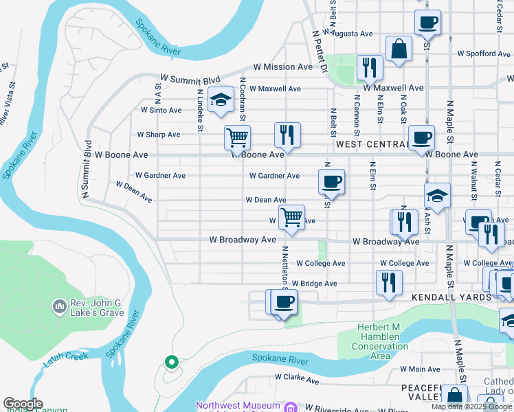 map of restaurants, bars, coffee shops, grocery stores, and more near 2326 West Mallon Avenue in Spokane