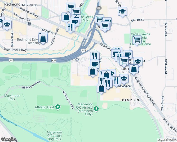 map of restaurants, bars, coffee shops, grocery stores, and more near 17460 Northeast 67th Court in Redmond