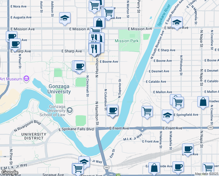 map of restaurants, bars, coffee shops, grocery stores, and more near 904 North Columbus Street in Spokane