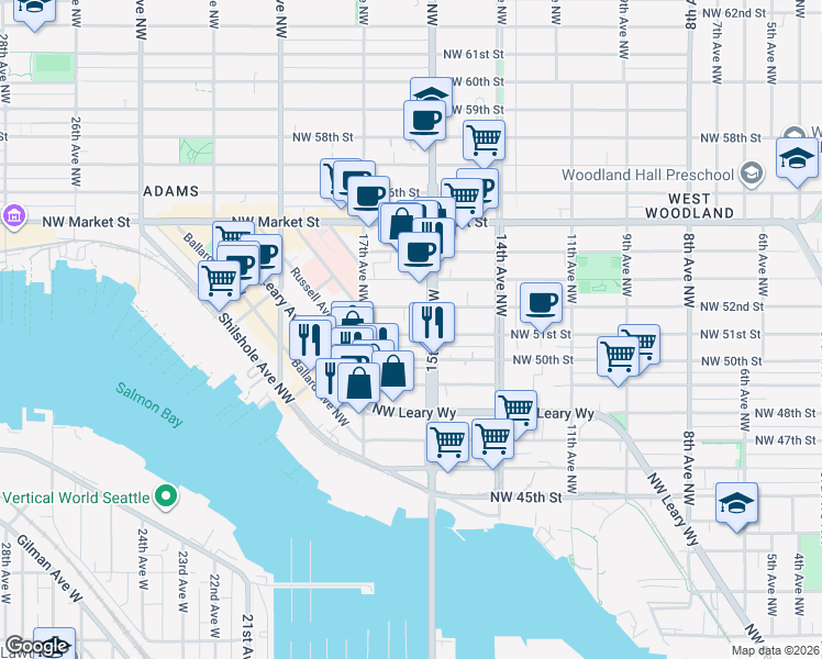 map of restaurants, bars, coffee shops, grocery stores, and more near 1521 Northwest 51st Street in Seattle