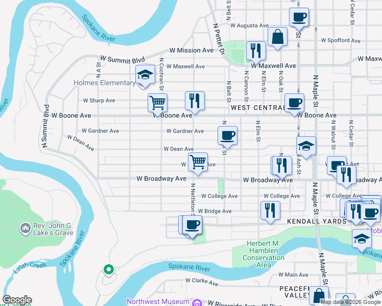 map of restaurants, bars, coffee shops, grocery stores, and more near 2224 West Mallon Avenue in Spokane