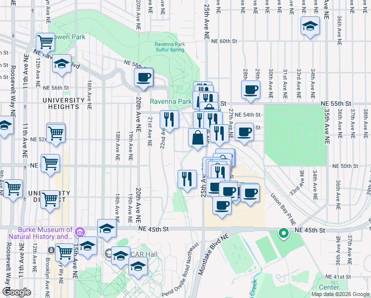map of restaurants, bars, coffee shops, grocery stores, and more near 2271 Northeast 51st Street in Seattle