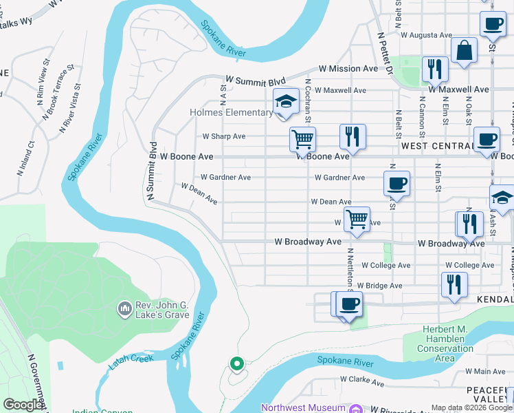 map of restaurants, bars, coffee shops, grocery stores, and more near 2709 West Dean Avenue in Spokane