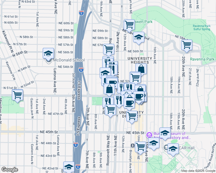 map of restaurants, bars, coffee shops, grocery stores, and more near 5029 Roosevelt Way Northeast in Seattle