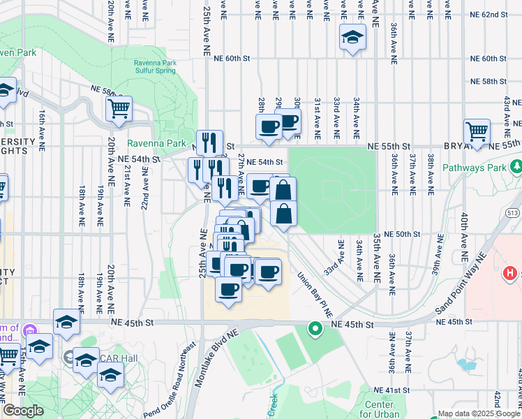 map of restaurants, bars, coffee shops, grocery stores, and more near 2901 Northeast Blakeley Street in Seattle
