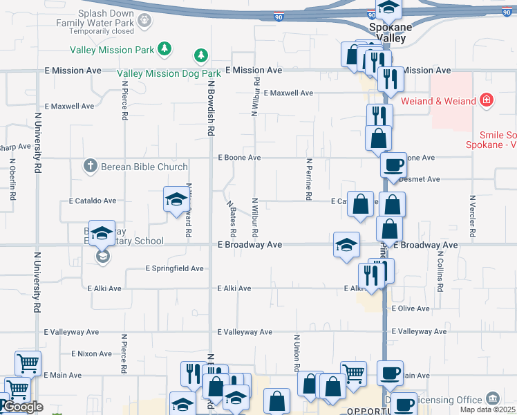 map of restaurants, bars, coffee shops, grocery stores, and more near 902 North Wilbur Road in Spokane Valley