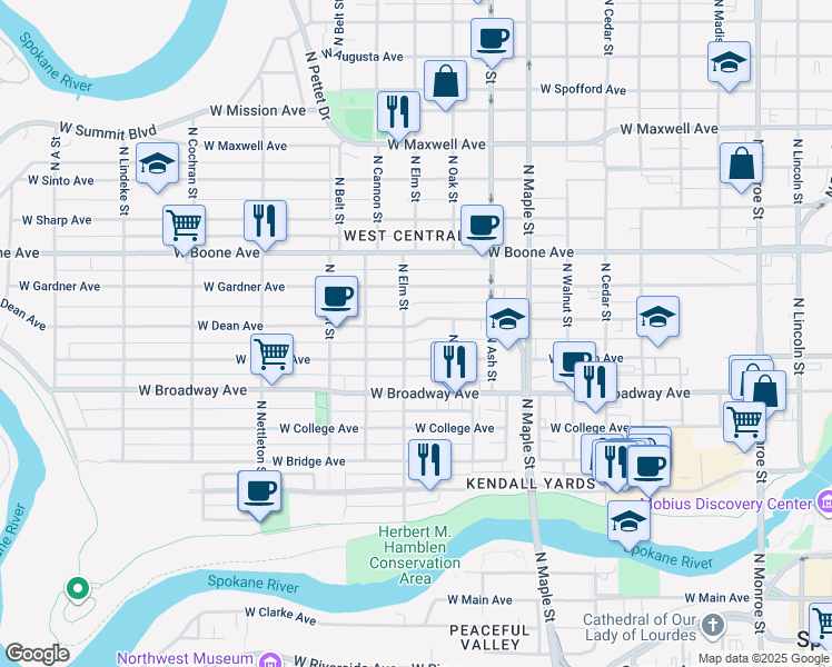 map of restaurants, bars, coffee shops, grocery stores, and more near 1824 West Mallon Avenue in Spokane