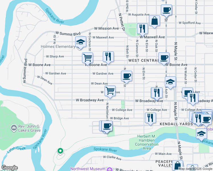 map of restaurants, bars, coffee shops, grocery stores, and more near 2224 West Mallon Avenue in Spokane
