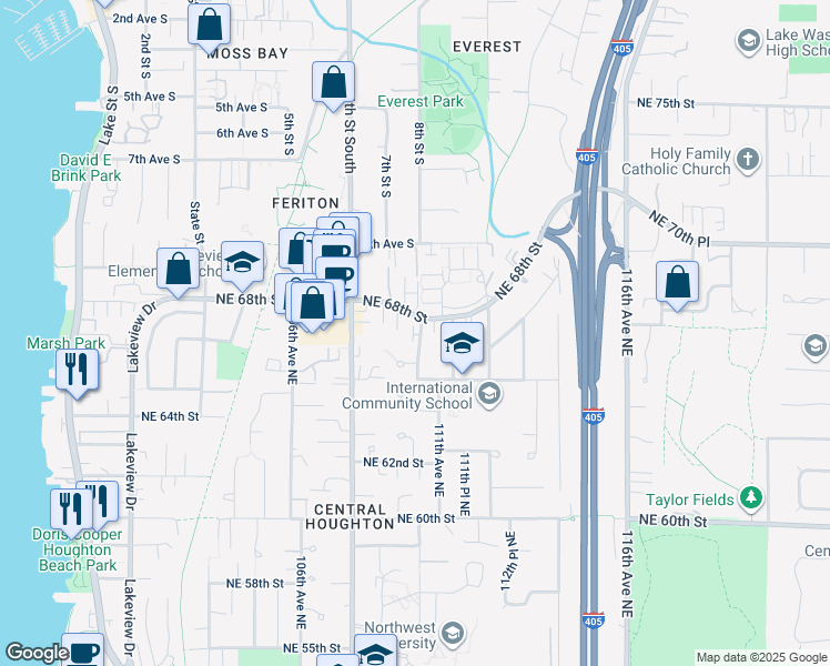 map of restaurants, bars, coffee shops, grocery stores, and more near 10910 Northeast 66th Place in Kirkland