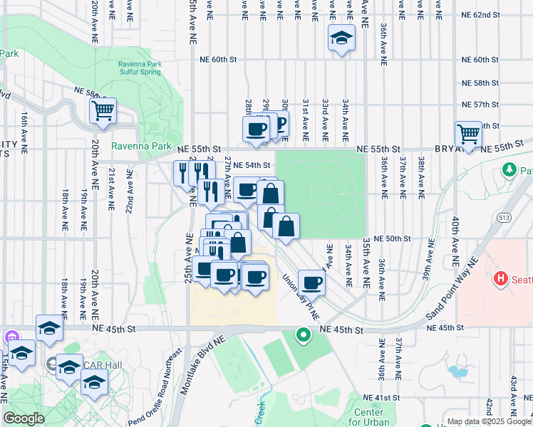 map of restaurants, bars, coffee shops, grocery stores, and more near 2909 Northeast Blakeley Street in Seattle
