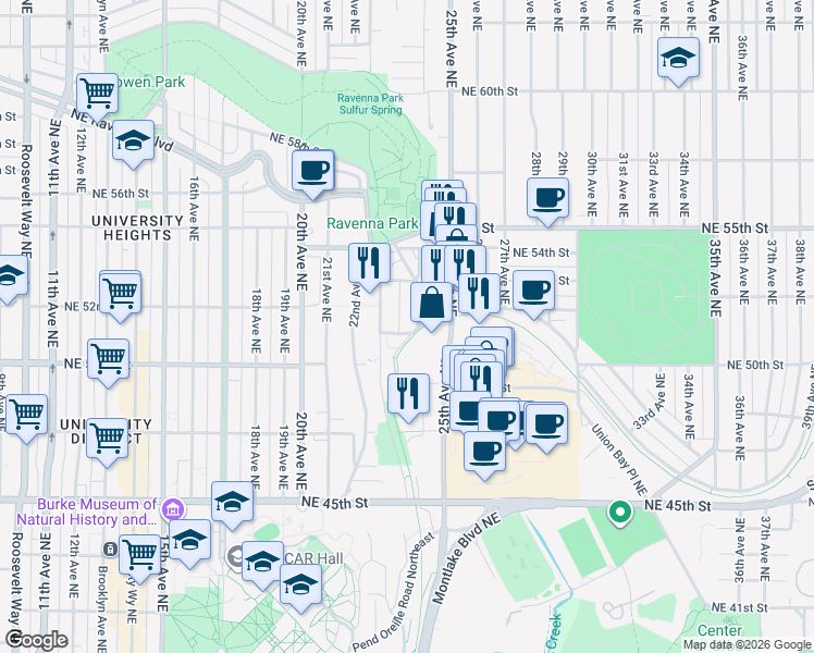 map of restaurants, bars, coffee shops, grocery stores, and more near 2271 Northeast 51st Street in Seattle