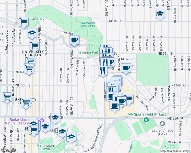 map of restaurants, bars, coffee shops, grocery stores, and more near 2271 Northeast 51st Street in Seattle
