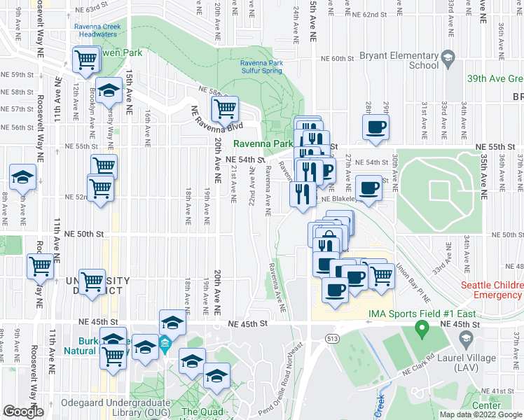 map of restaurants, bars, coffee shops, grocery stores, and more near 5009 Ravenna Avenue Northeast in Seattle