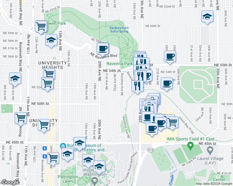 map of restaurants, bars, coffee shops, grocery stores, and more near 5009 Ravenna Avenue Northeast in Seattle