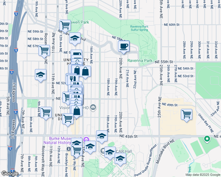 map of restaurants, bars, coffee shops, grocery stores, and more near 5019 18th Avenue Northeast in Seattle