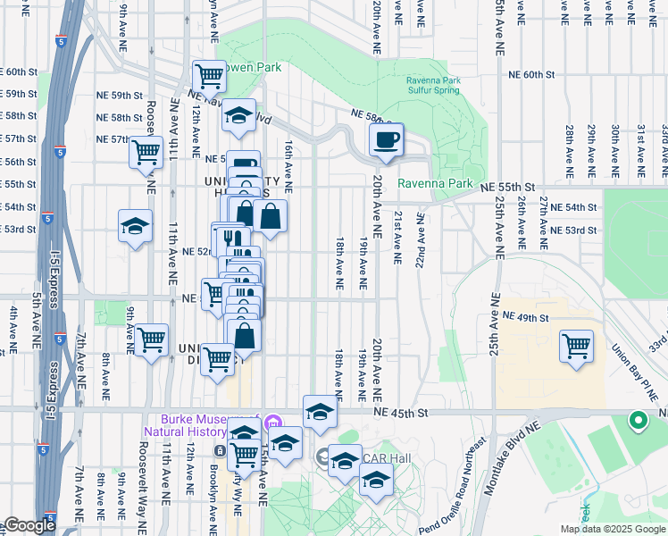 map of restaurants, bars, coffee shops, grocery stores, and more near 5019 18th Avenue Northeast in Seattle