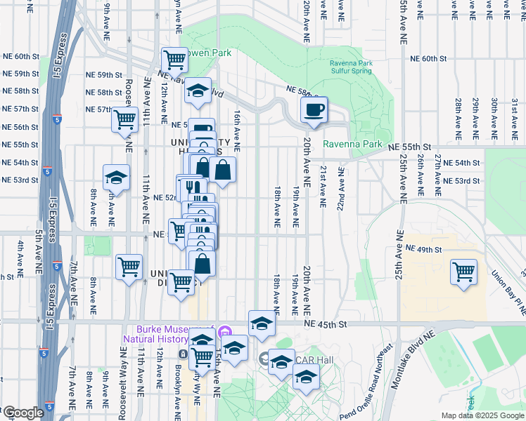 map of restaurants, bars, coffee shops, grocery stores, and more near 5019 18th Avenue Northeast in Seattle