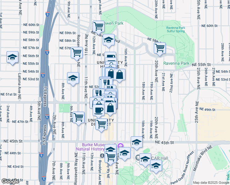 map of restaurants, bars, coffee shops, grocery stores, and more near 5006 University Way Northeast in Seattle