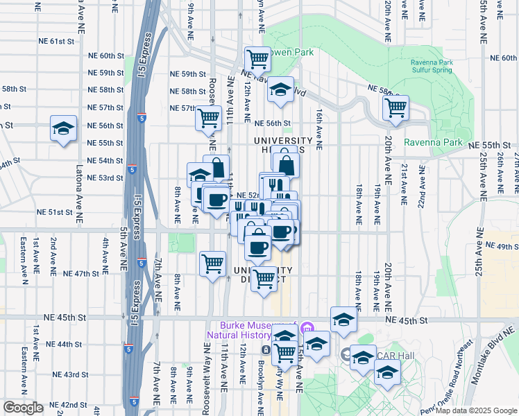 map of restaurants, bars, coffee shops, grocery stores, and more near 5021 Brooklyn Avenue Northeast in Seattle