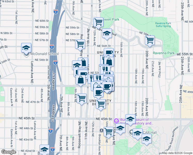 map of restaurants, bars, coffee shops, grocery stores, and more near 5021 Brooklyn Avenue Northeast in Seattle