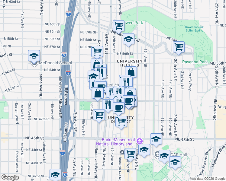 map of restaurants, bars, coffee shops, grocery stores, and more near 5018 11th Avenue Northeast in Seattle