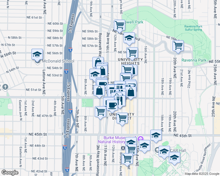 map of restaurants, bars, coffee shops, grocery stores, and more near 5018 11th Avenue Northeast in Seattle