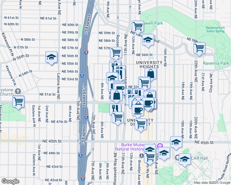 map of restaurants, bars, coffee shops, grocery stores, and more near 5019 Roosevelt Way Northeast in Seattle