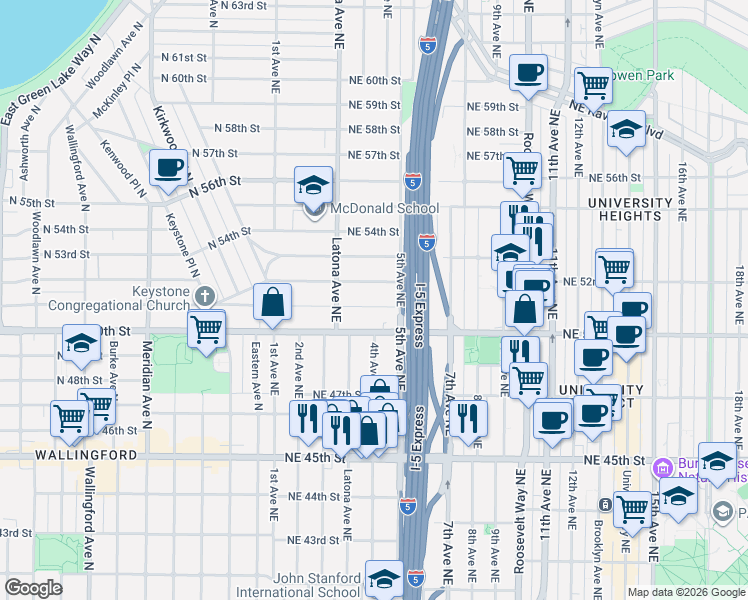 map of restaurants, bars, coffee shops, grocery stores, and more near 349 Northeast 51st Street in Seattle
