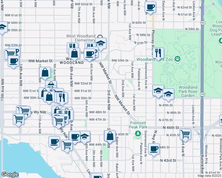 map of restaurants, bars, coffee shops, grocery stores, and more near 5015 3rd Avenue Northwest in Seattle
