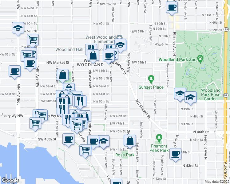 map of restaurants, bars, coffee shops, grocery stores, and more near 341 Northwest 51st Street in Seattle