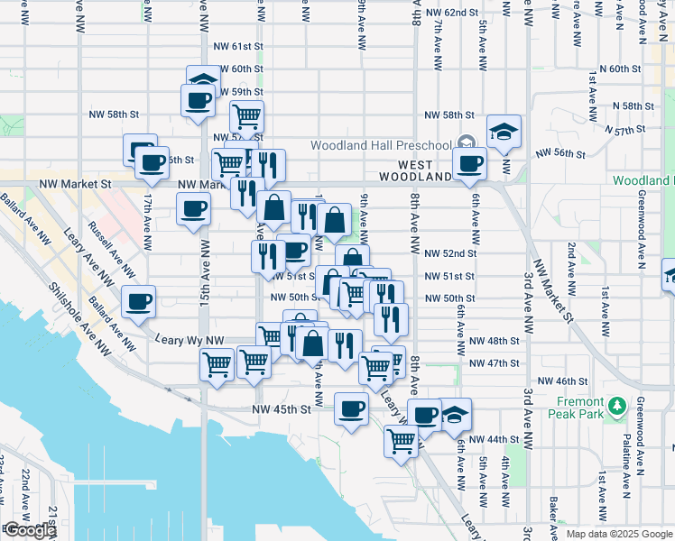 map of restaurants, bars, coffee shops, grocery stores, and more near 929 Northwest 51st Street in Seattle