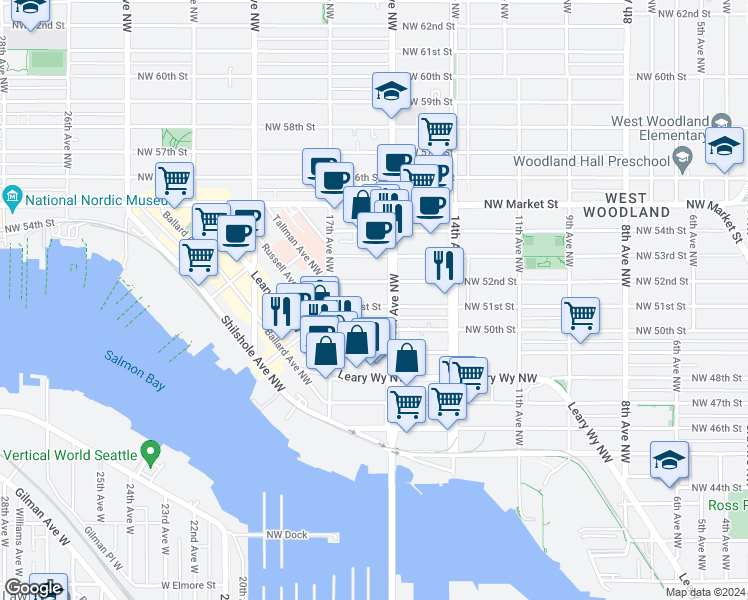 map of restaurants, bars, coffee shops, grocery stores, and more near 1521 Northwest 51st Street in Seattle