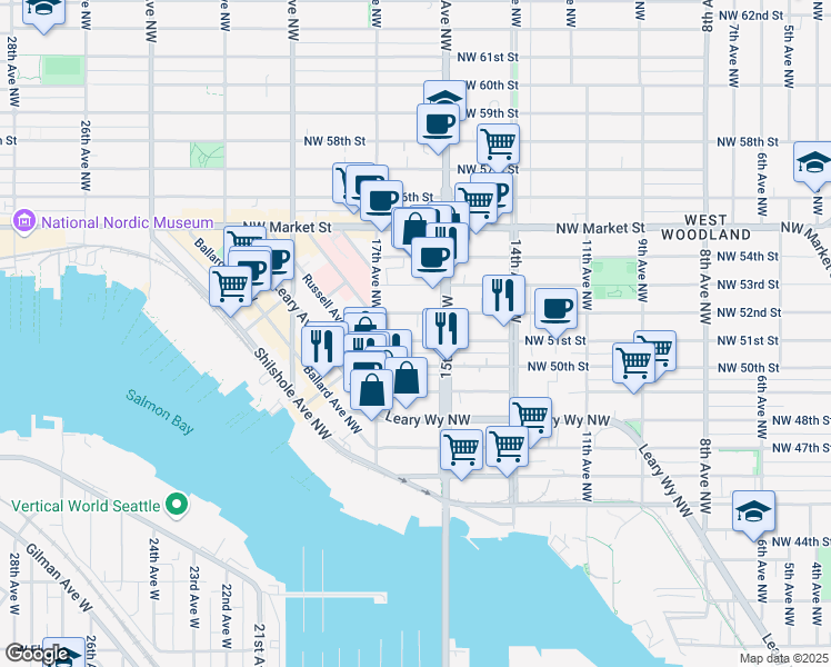 map of restaurants, bars, coffee shops, grocery stores, and more near 1521 Northwest 51st Street in Seattle