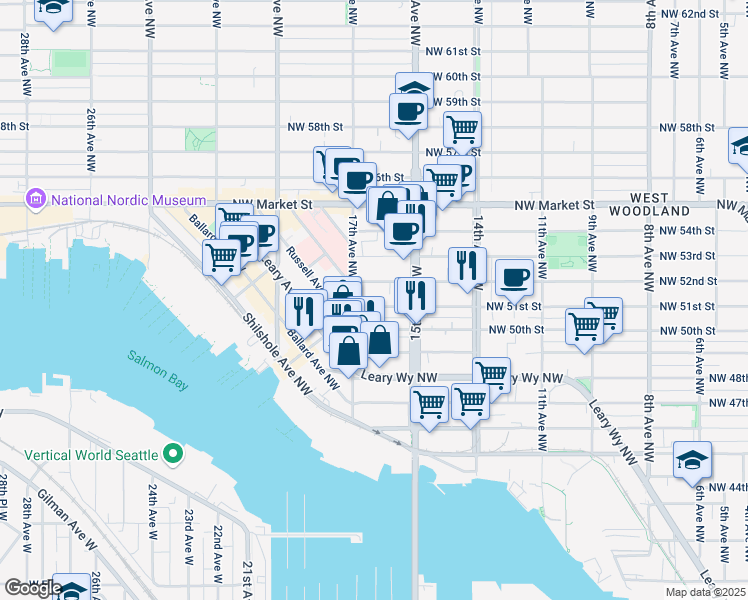 map of restaurants, bars, coffee shops, grocery stores, and more near 1521 Northwest 51st Street in Seattle