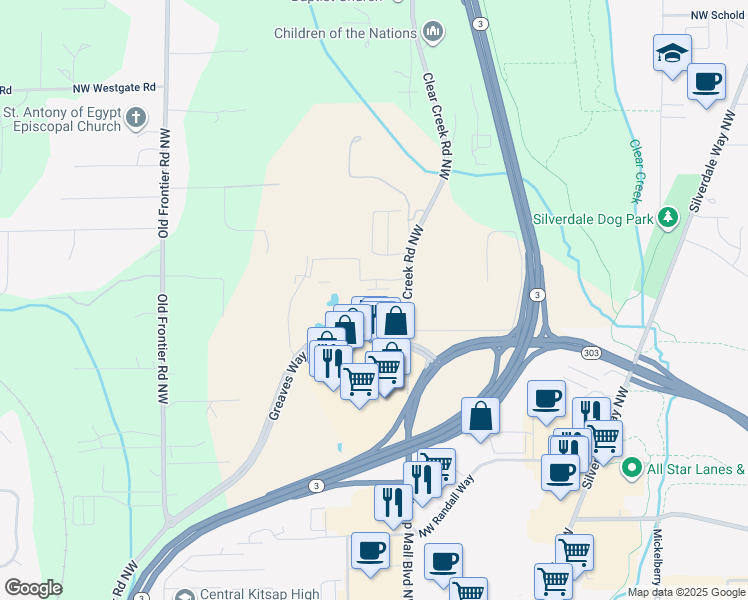 map of restaurants, bars, coffee shops, grocery stores, and more near 11313 Clear Creek Road Northwest in Silverdale