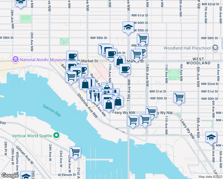 map of restaurants, bars, coffee shops, grocery stores, and more near 5112 Russell Avenue Northwest in Seattle