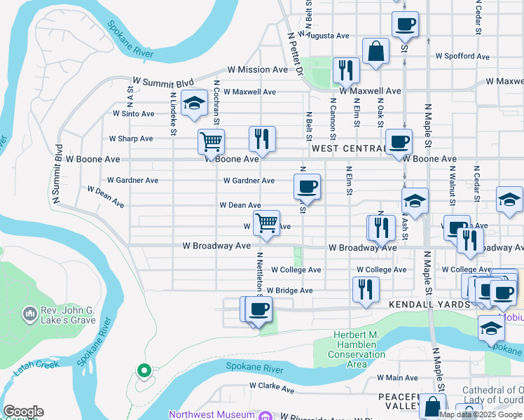 map of restaurants, bars, coffee shops, grocery stores, and more near 922 North Nettleton Street in Spokane