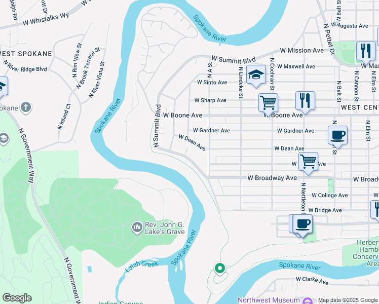 map of restaurants, bars, coffee shops, grocery stores, and more near 852 North Summit Boulevard in Spokane