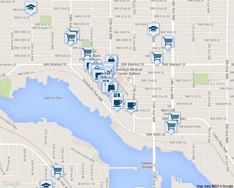 map of restaurants, bars, coffee shops, grocery stores, and more near 5140 Ballard Avenue Northwest in Seattle