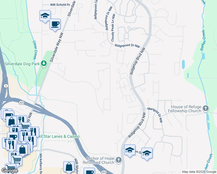map of restaurants, bars, coffee shops, grocery stores, and more near 1995 Northwest Rustling Fir Lane in Silverdale