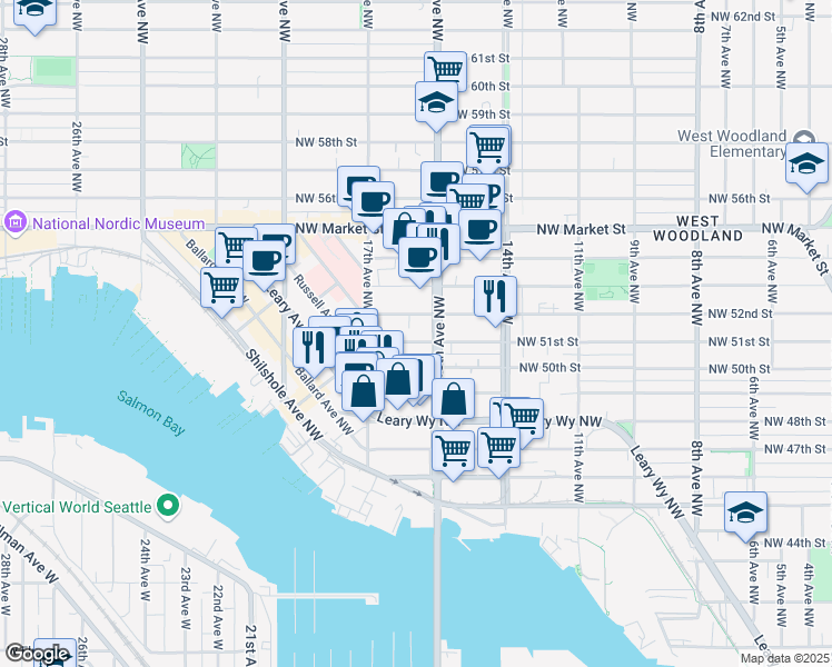 map of restaurants, bars, coffee shops, grocery stores, and more near 1516 Northwest 51st Street in Seattle