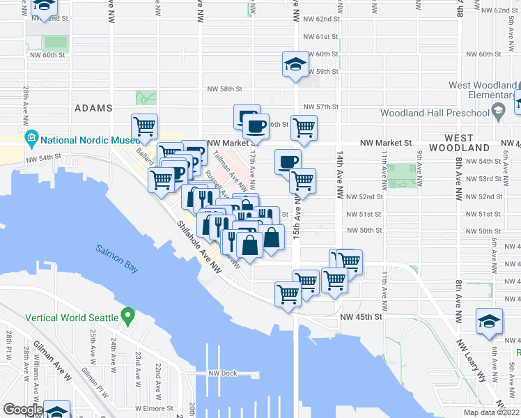 map of restaurants, bars, coffee shops, grocery stores, and more near 1552 Northwest 51st Street in Seattle