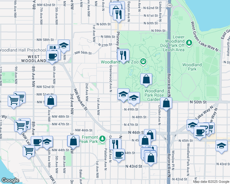 map of restaurants, bars, coffee shops, grocery stores, and more near 5107 Phinney Avenue North in Seattle