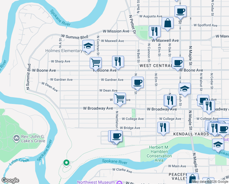 map of restaurants, bars, coffee shops, grocery stores, and more near 2224 West Mallon Avenue in Spokane
