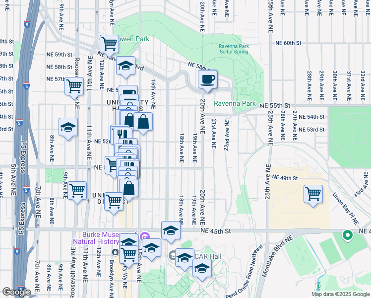 map of restaurants, bars, coffee shops, grocery stores, and more near 5019 18th Avenue Northeast in Seattle