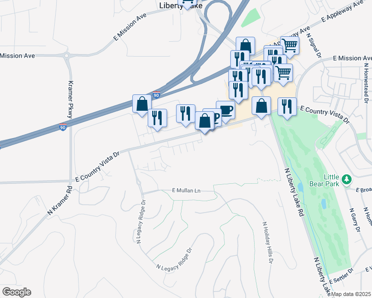map of restaurants, bars, coffee shops, grocery stores, and more near 21900 Country Vista Drive in Liberty Lake