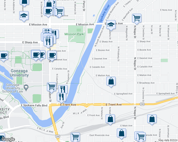 map of restaurants, bars, coffee shops, grocery stores, and more near 920 North Perry Street in Spokane