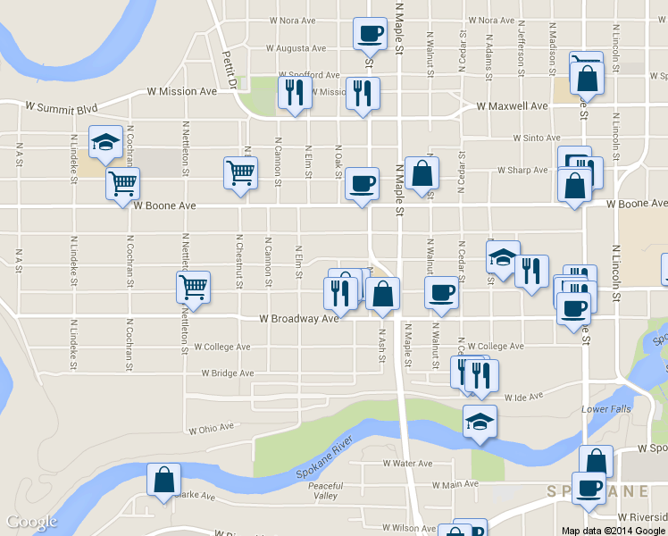 map of restaurants, bars, coffee shops, grocery stores, and more near 1724 West Mallon Avenue in Spokane