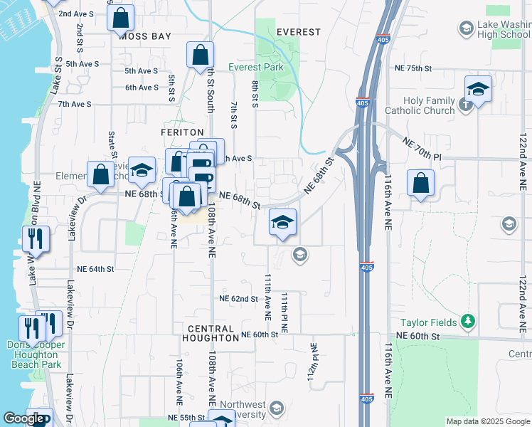 map of restaurants, bars, coffee shops, grocery stores, and more near 6608 110th Avenue Northeast in Kirkland
